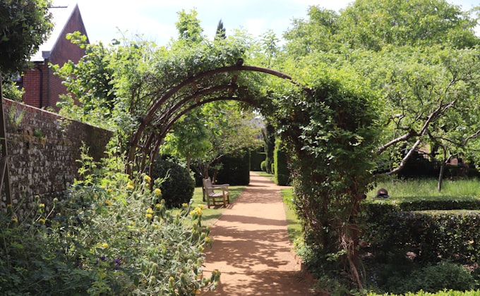 Garden archway with climbing plants framing a path