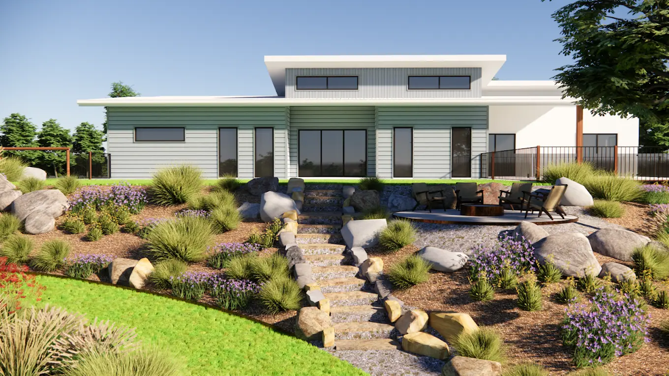 A 3D render of a designed backyard