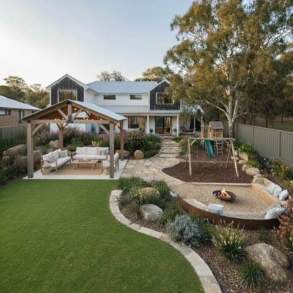 Pinjarra Hills landscape with established native canopy and feature stone work