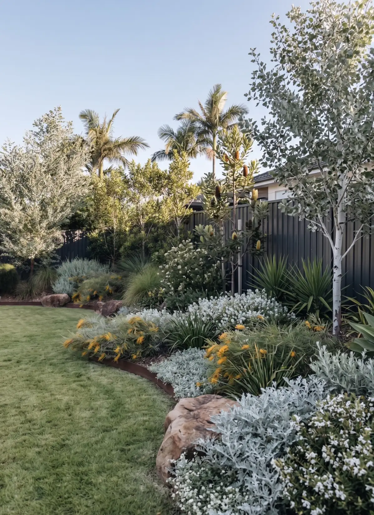 Designed native garden — curving lawn edge meeting a planted bed of kangaroo paw, silver foliage, banksia in flower, grass trees and a silver-trunk eucalypt, with palms holding the back fence line