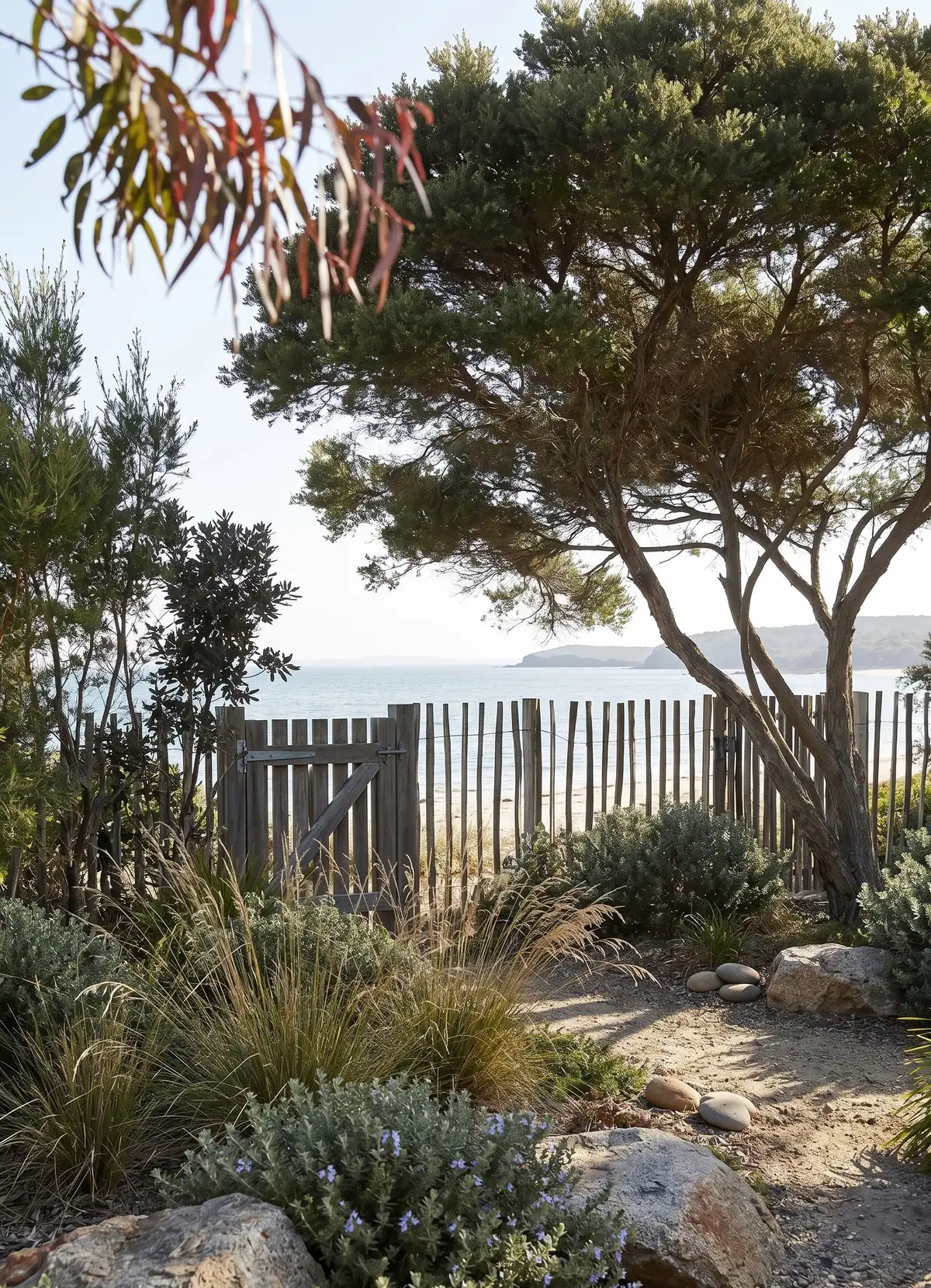 Coastal native garden — weathered timber gate to a sandy beach, tussock grasses, coastal rosemary in flower, boulders and a eucalypt canopy framing a headland across the bay